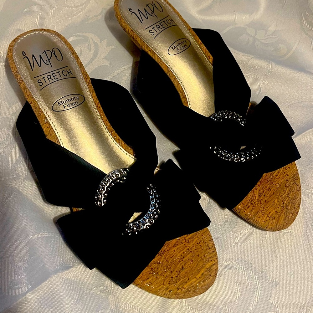 Impo Black Mules with Rhinestone Bow